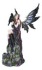 Necromancy Gothic Black Fairy With Raven Crow Sitting On Rock Figurine 15.25"H