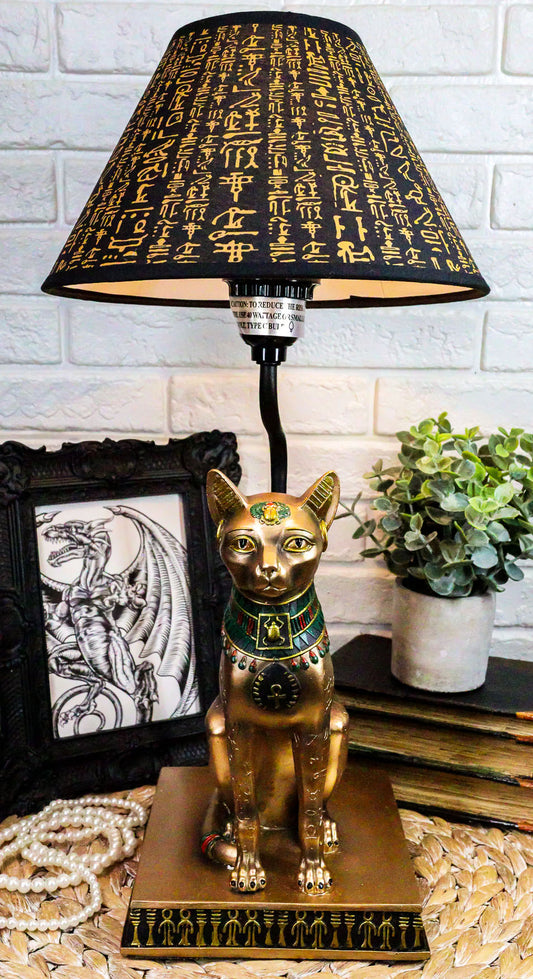 Ebros Bronze Painted Egyptian Goddess Of Home Bastet Cat Table Lamp Hieroglyphic Shade - Ebros Gift