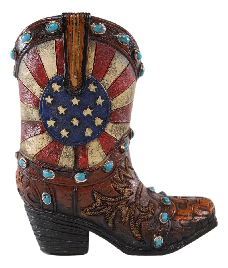 Rustic Western Cowboy American Flag Turquoise Rocks Boot Pen Holder Figurine