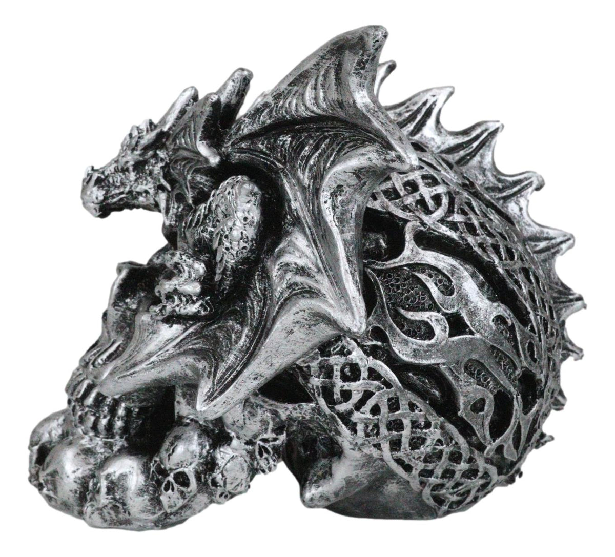 Flying Dragon On Ossuary Morphing Skull with Celtic Tribal Patterns Figurine - Ebros Gift