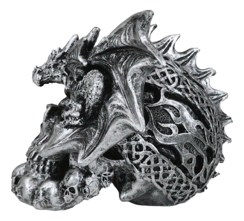 Flying Dragon On Ossuary Morphing Skull with Celtic Tribal Patterns Figurine