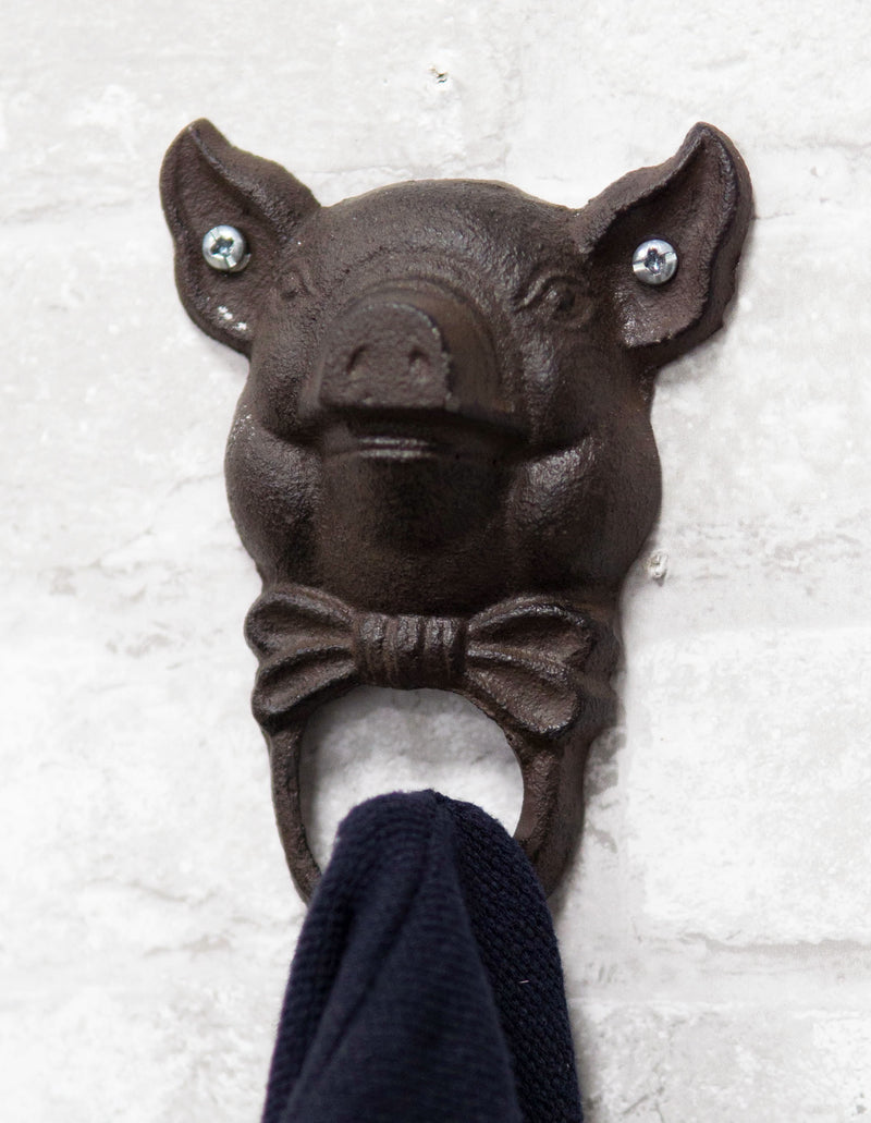 Cast Iron Farmhouse Rustic Butler Pig Head with Bowtie Wall Coat Hook Pack Of 2