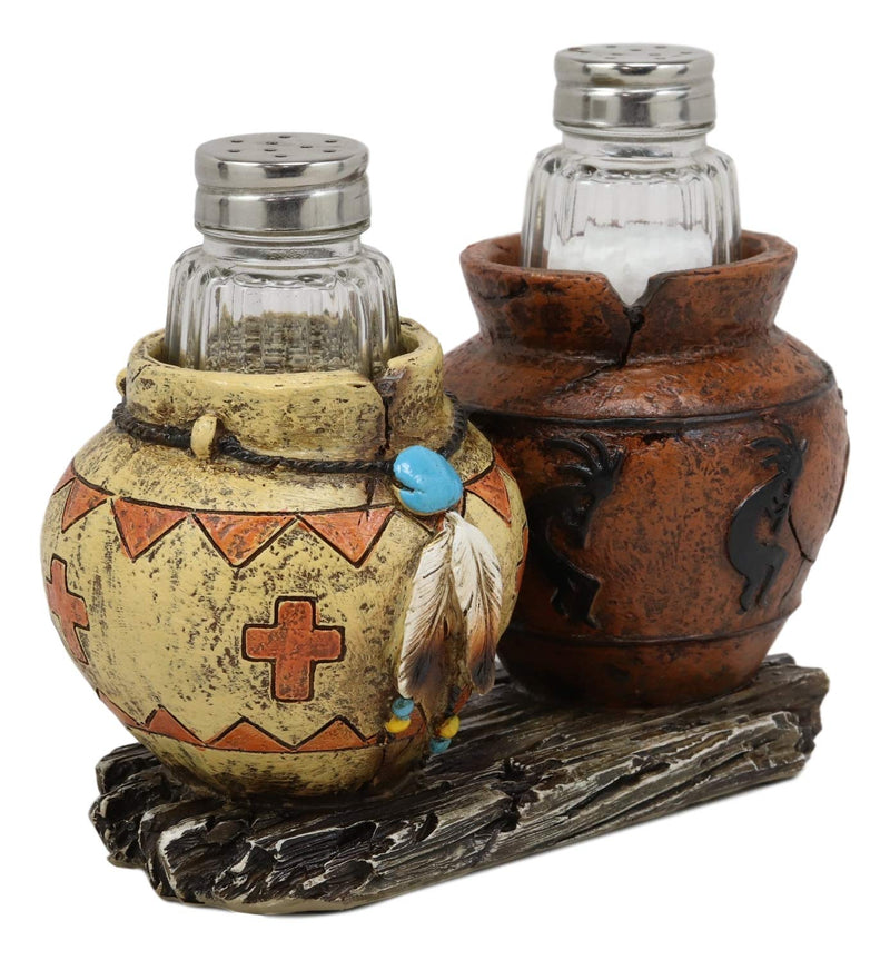 Ebros Gift Southwestern Native American Indian Hopi Kokopelli God and Turquoise Feathers Canister Jars Glass Salt and Pepper Shakers Holder Figurine Set 6.25" Wide Decorative Home and Kitchen Accent