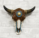 Ebros 13.25" Wide Western Star Tooled Leather Steer Bison Buffalo Bull Cow Horned Skull Head with Turquoise Beads Wall Mount Decor Replica Native Animal Totem Bust Skulls Hanging Plaque Sculpture - Ebros Gift