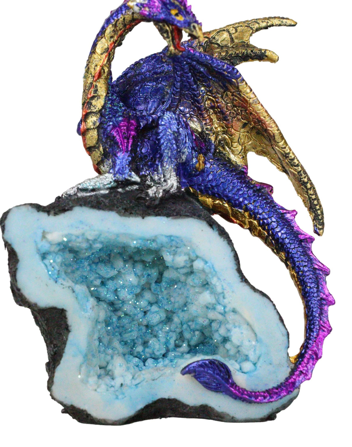 Azure Blue Iridescent Dragon On Faux Geode Rock Quartz Crystal Cove Figurine 5"H - Ebros Gift