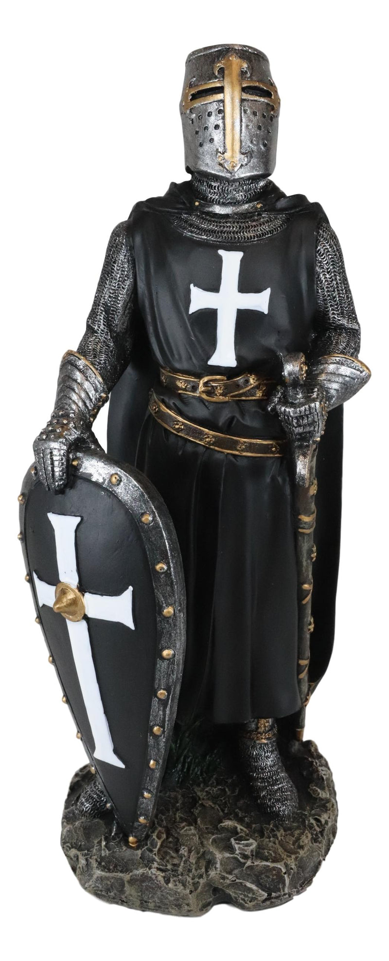 Ebros Black Cloaked Crusader Knight Of The Cross with Sword Shield Statue 11.5"H
