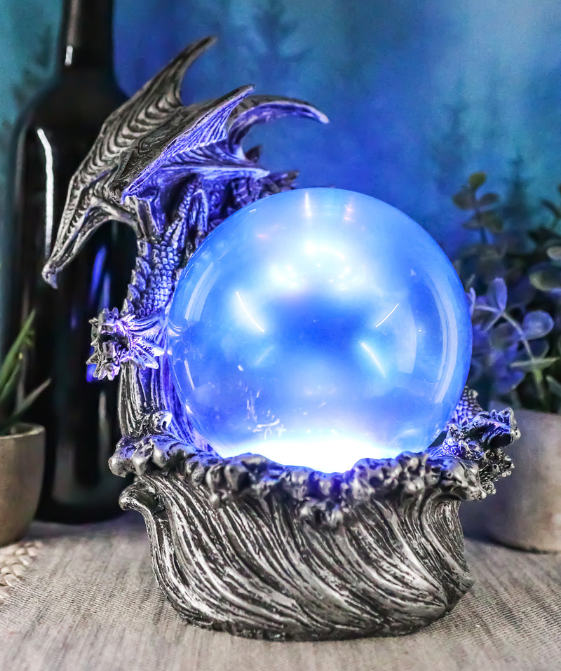 Silver Ocean Dragon Riding Tidal Sea Waves With Colorful LED Sphere Orb Figurine
