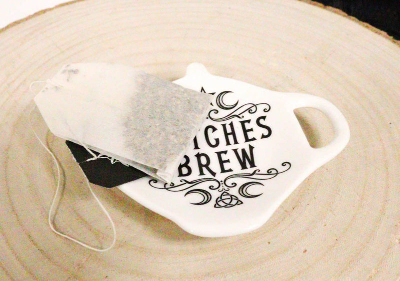 Ebros Wicca Pentagram Moons Witches Brew Hex Ceramic Tea Spoon / Bag Holder Rest Plate