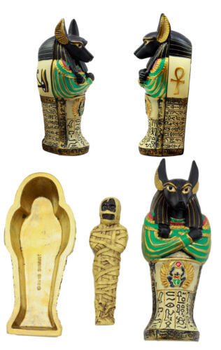 Ancient Egyptian God Anubis Sarcophagus Coffin With Mummy Figurine 5"H Decor Box