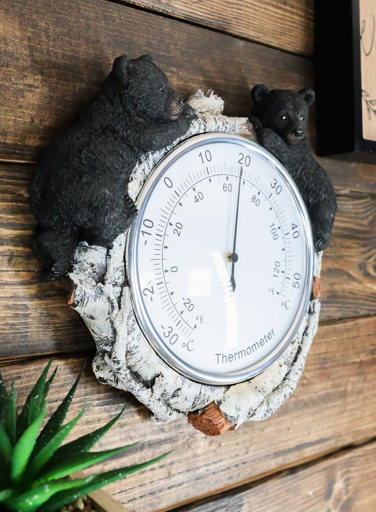 Western Forest Whimsical Black Bear Cubs Climbing On Birch Tree Wall Thermometer