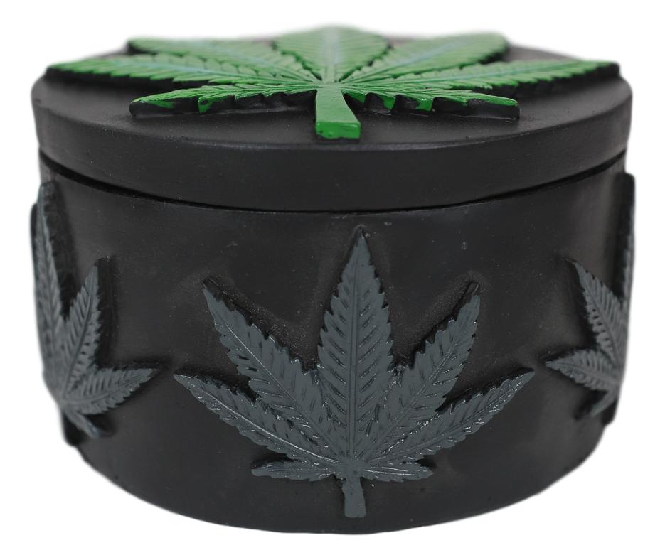 Ebros Hidden Stash Green Hemp Weed Leaf Cannabis Round Decorative Jewelry Box Figurine - Ebros Gift