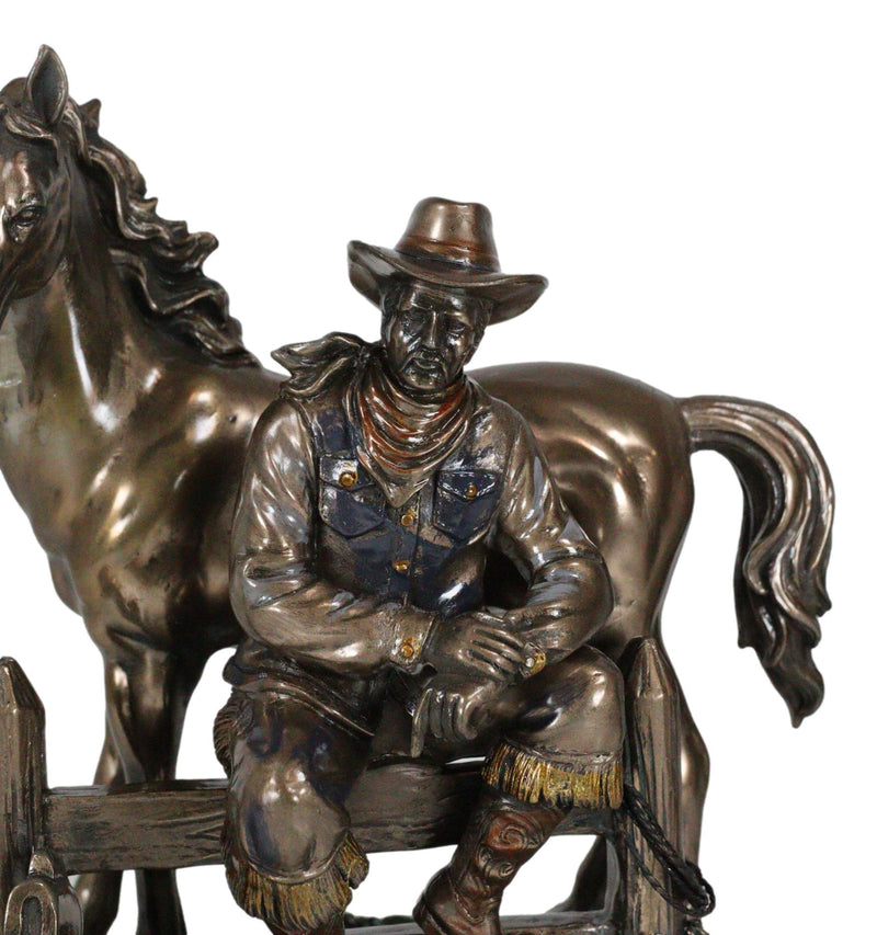 Rustic Western Desert Tranquility Cowboy Sitting By Fence And Horse Figurine
