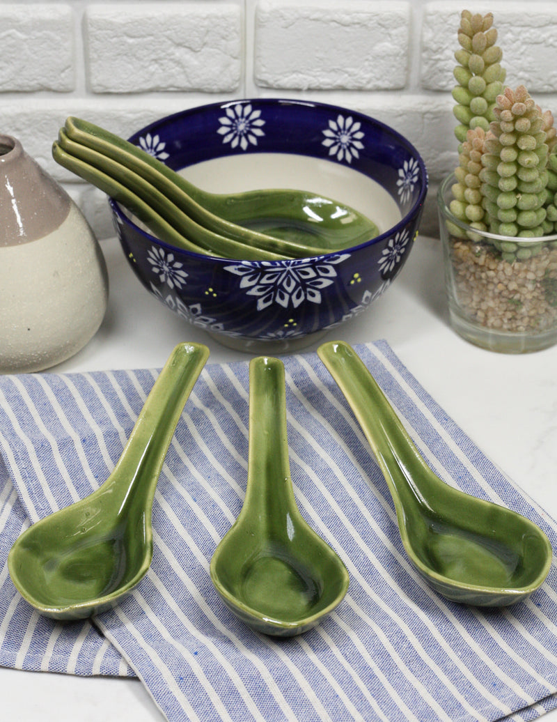 Ebros Made In Japan Modern Glazed Ceramic  Shades Of Green Soup Spoons Set Of 6