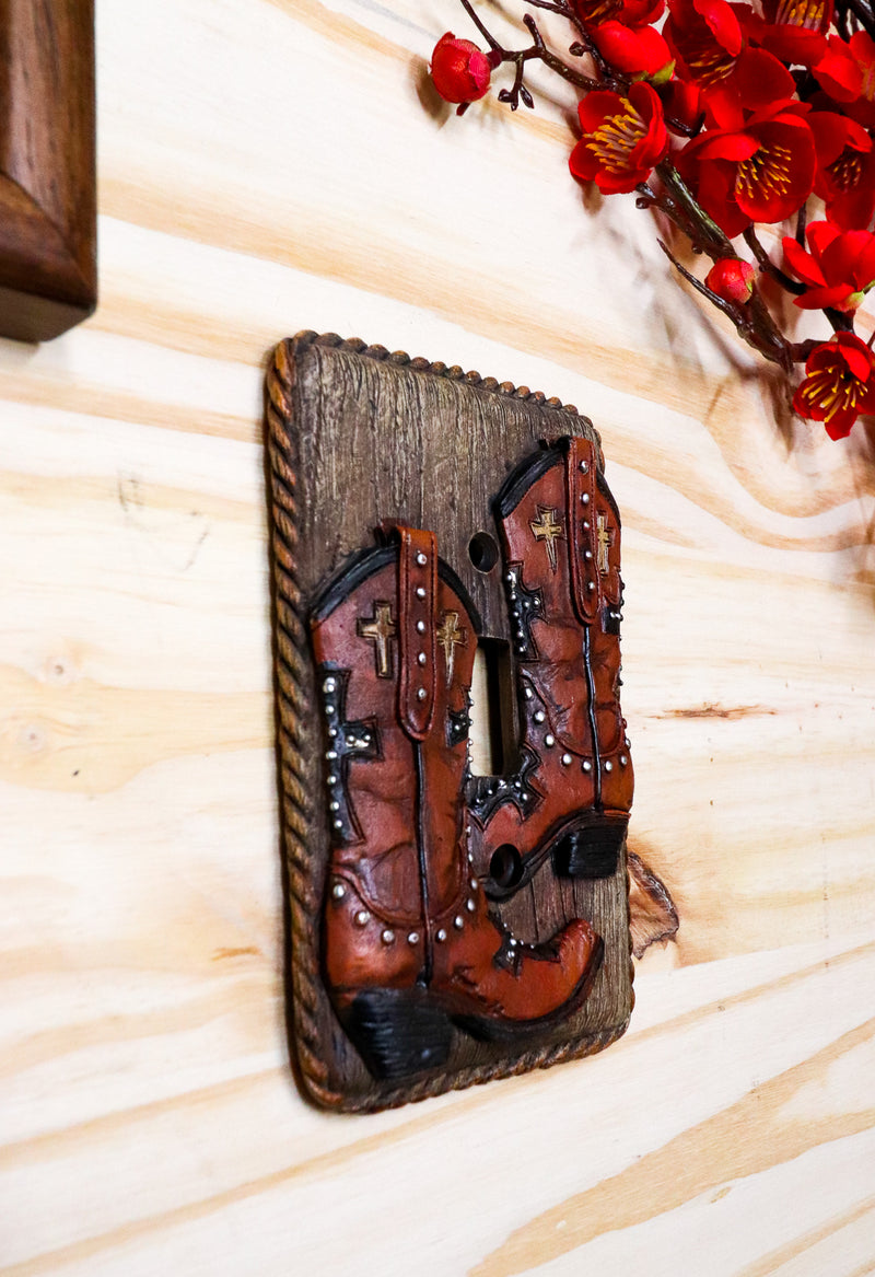 Set of 2 Rustic Western Cowboy Boots Faux Wood Wall Single Toggle Switch Plates