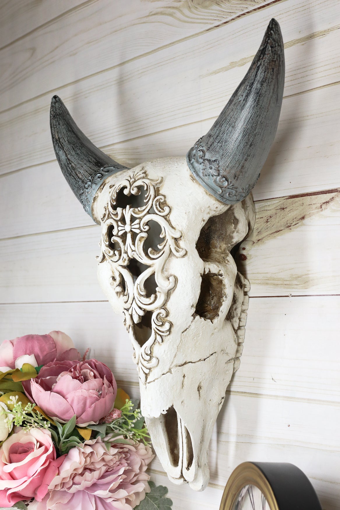 Ebros Large American Buffalo Bison Tooled Floral Lace Filigree Skull Wall Decor