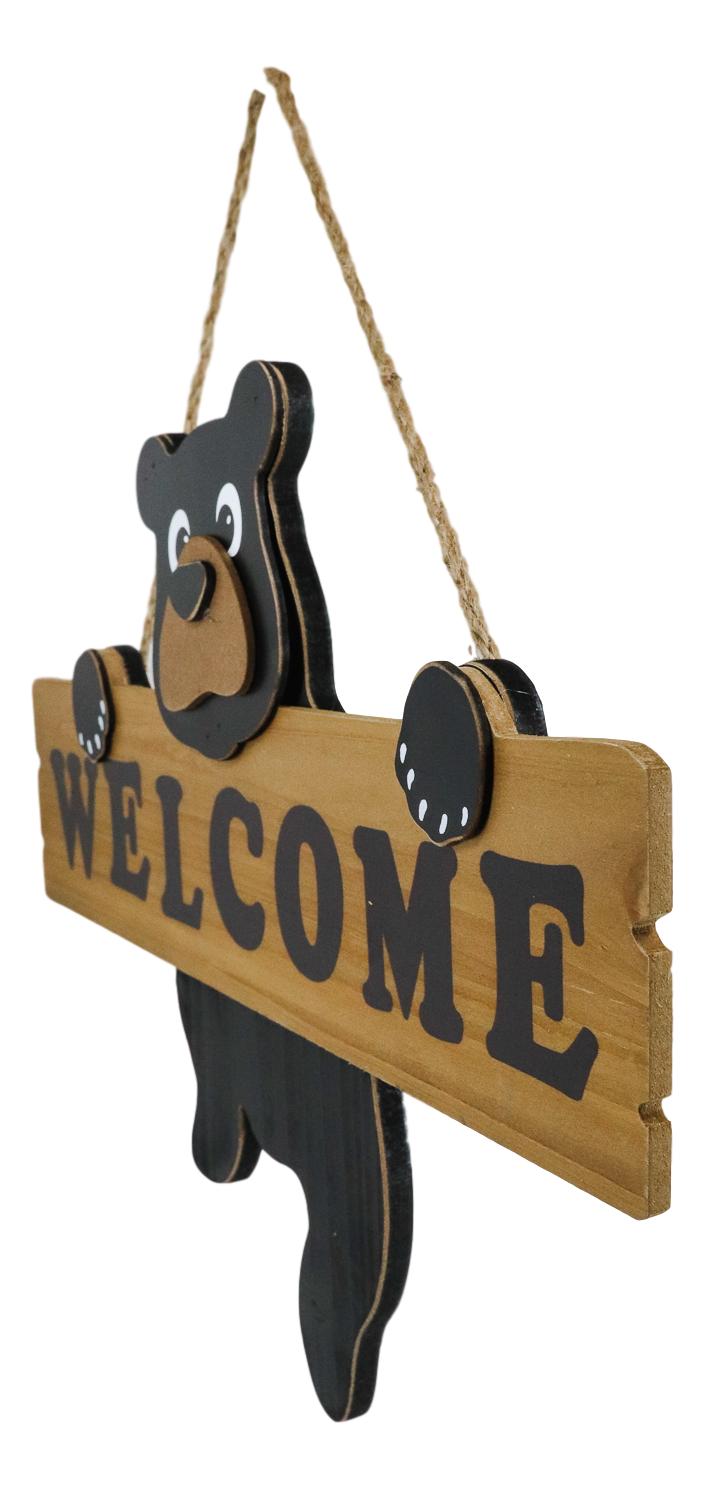 Black Bear Cub Hanging On Welcome Sign Plank MDF Wood Door Or Wall Decorative