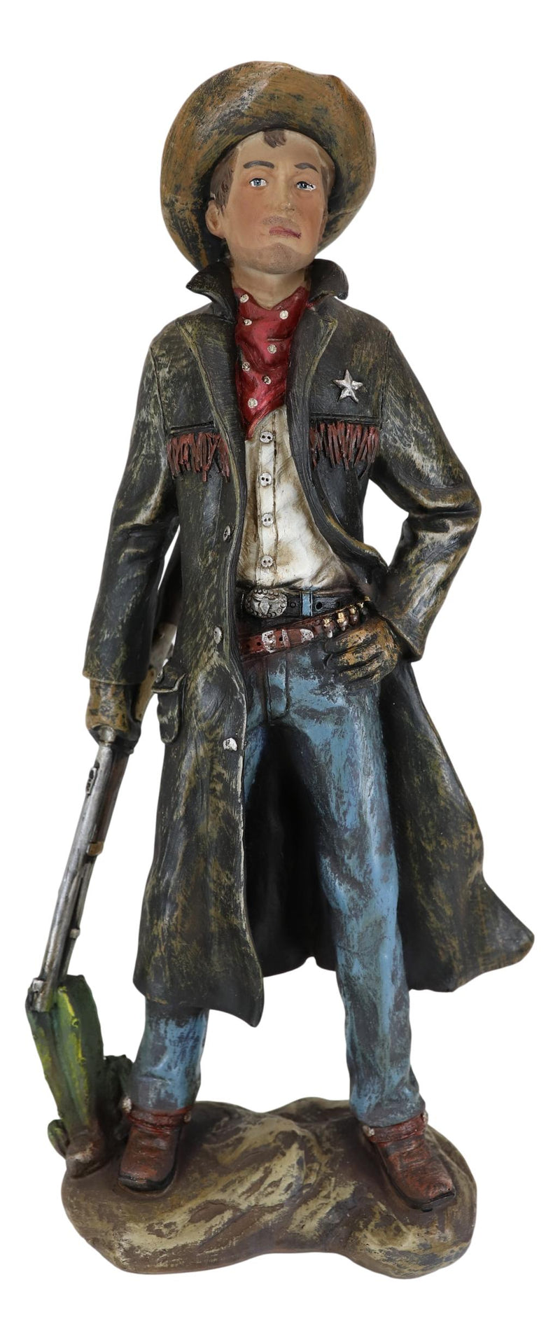 Western Cowboy Sheriff In US Marshall Long Coat Holding Shotgun Rifle Figurine