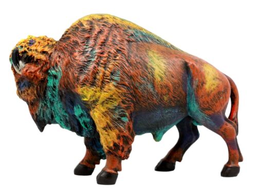 Ebros Gift Wild & Free Colorful American Bison Figurine 9.25" L Multi Color Rainbow Hand Painted Faux Wood - Ebros Gift