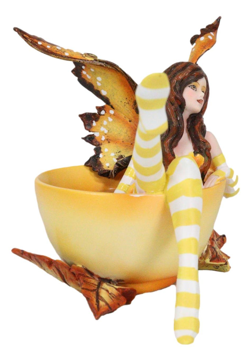 Ebros Amy Brown Collection Autumn Fall Pumpkin Spice Tea Cup Fairy Figurine Fantasy Decor Statue
