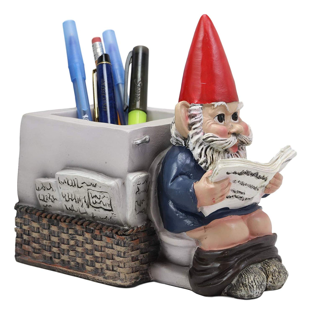 Constipated Mr Gnome With Pants Down By Toilet Bowl Stationery Holder Figurine