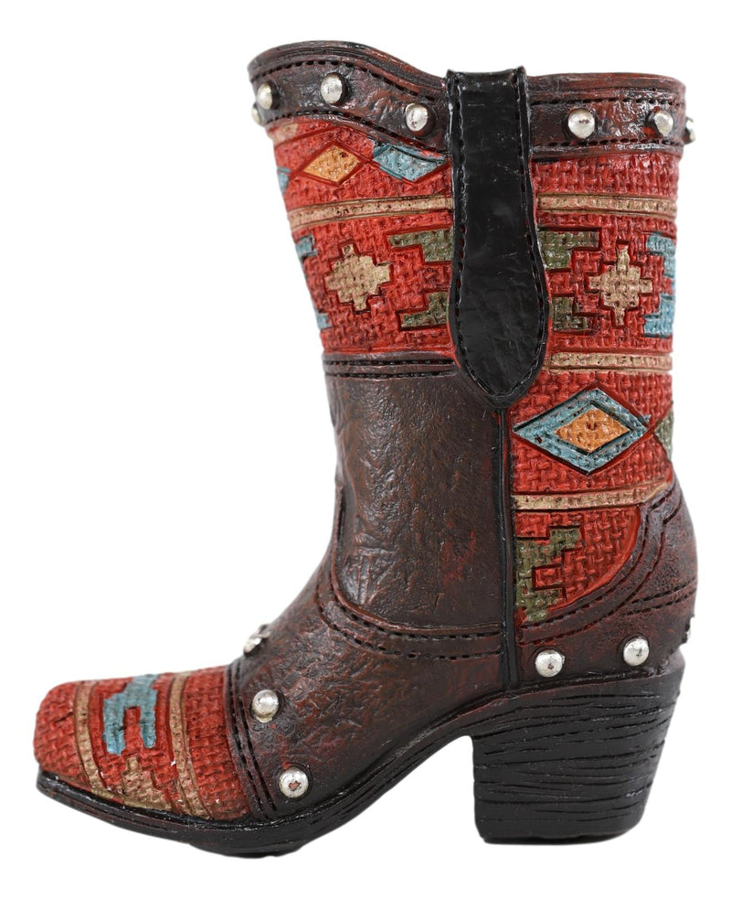 Rustic Western Cowboy Aztec Geometry Patterns Red Brown Boot Pen Holder Figurine
