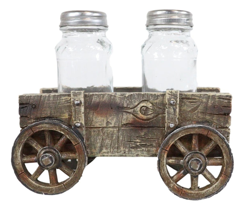 Vintage Old Fashioned Faux Wood Rustic Wagon Cart Salt Pepper Shakers Holder Set