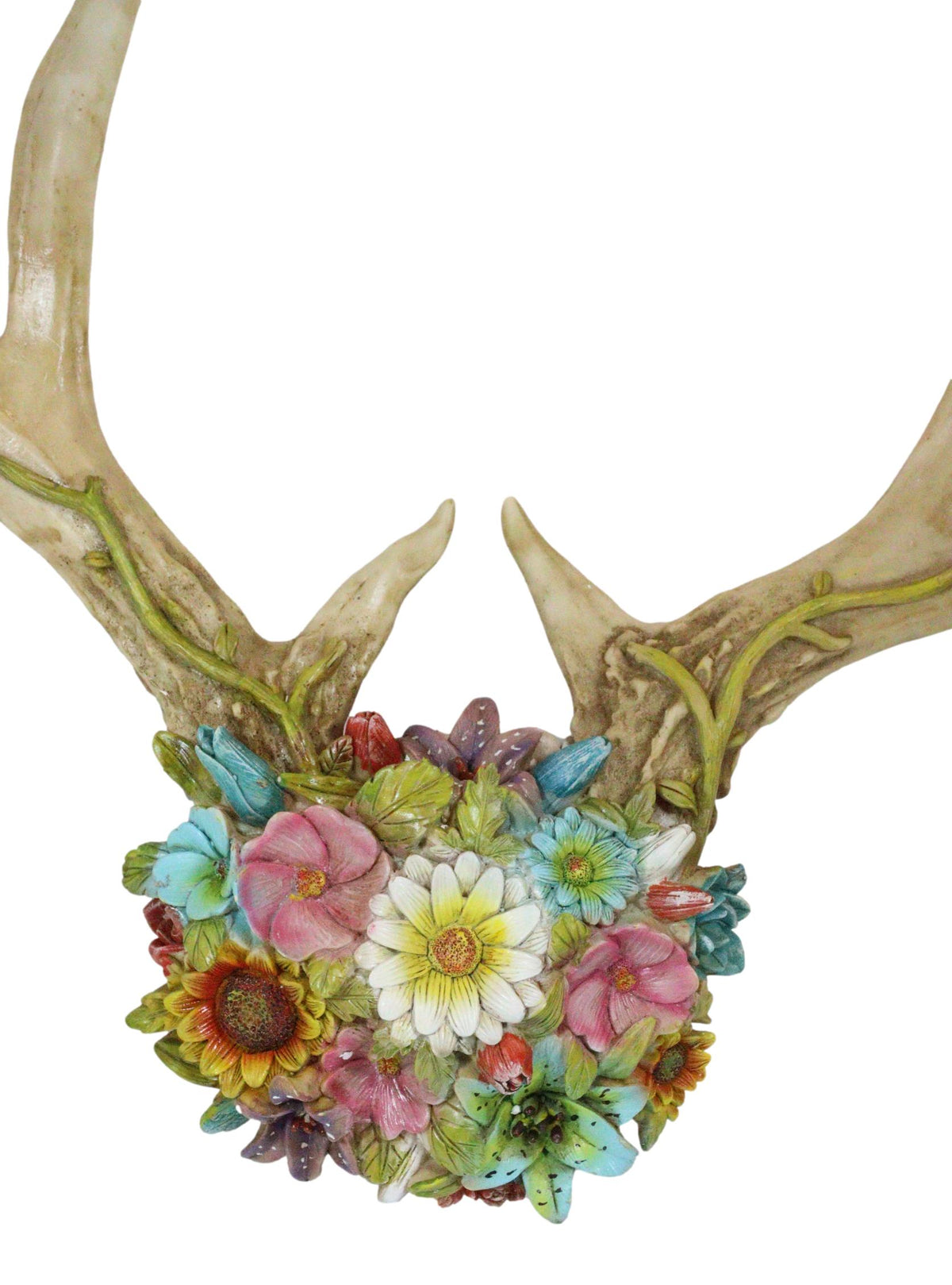 Rustic 12 Point Stag Deer Antlers Flowers And Feathers Rack Wall Hooks Plaque