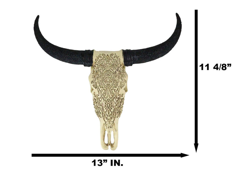 Tribal Floral Vines Tooled Bison Bull Cow Skull With Horns Wall Decor Plaque