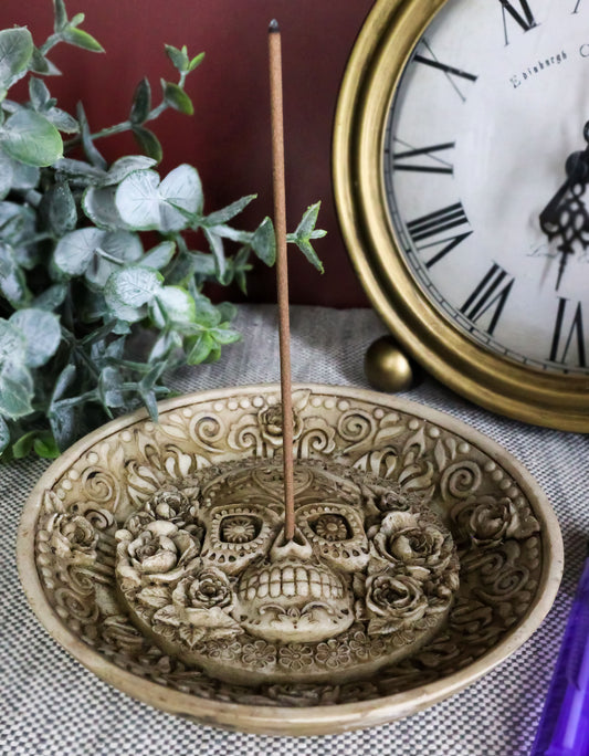 Day of The Dead Floral Sugar Skull Incense Burner Holder Medallion Dish Statue