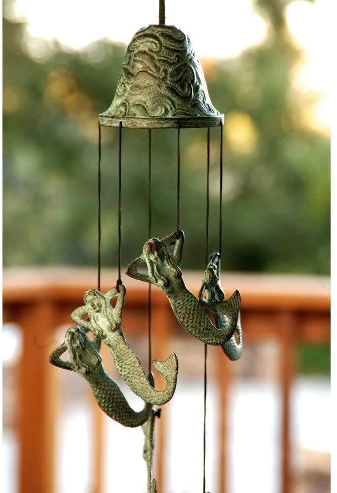 Verdi Green Brass Metal Nautical Sleeping Mermaid Wind Chime Sirens Of The Seas