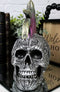 Silver Mohawk Purple Punk Haired Skull In Tooled Peacock Feathers Tattoo Statue