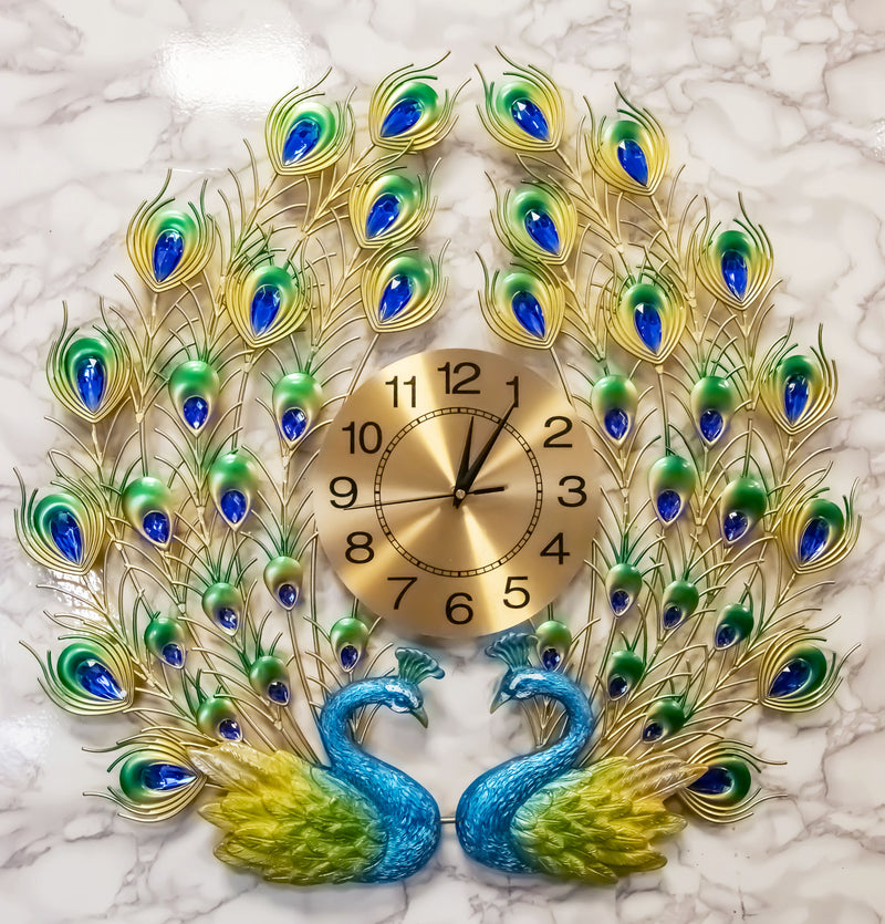 25"H Large Valentine Lover Peacocks Iris Gold Plated Colorful Metal Wall Clock