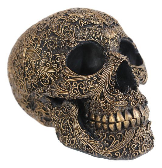 Ornate Tooled Floral Lace Fleur De Lis Royalty Cross Skull Decorative Figurine