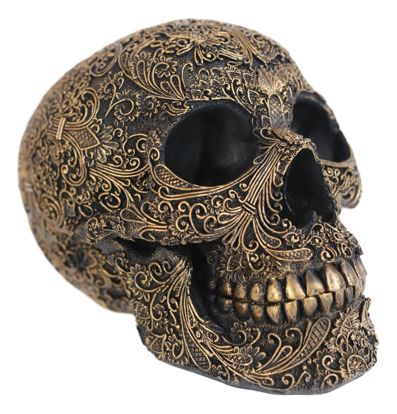 Ornate Tooled Floral Lace Fleur De Lis Royalty Cross Skull Decorative Figurine