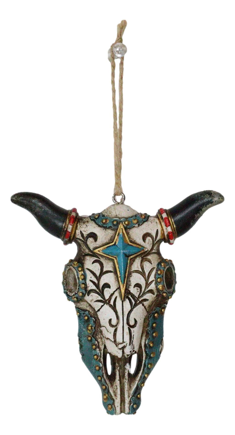 Pack of 4 Rustic Western Turquoise Cross Tooled Leather Cow Skull Tree Ornaments