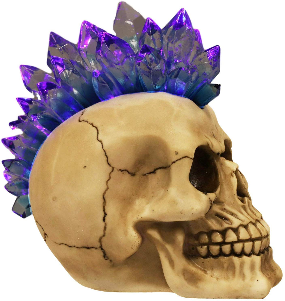 Ebros Colorful LED Light Mohawk Crystal Hair Cranium Skull Figurine 7" Long
