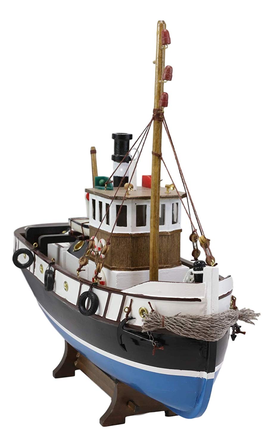 Ebros 17.25"L Blue Wooden Tugboat Boat Model Statue with Wood Base Stand Figure - Ebros Gift