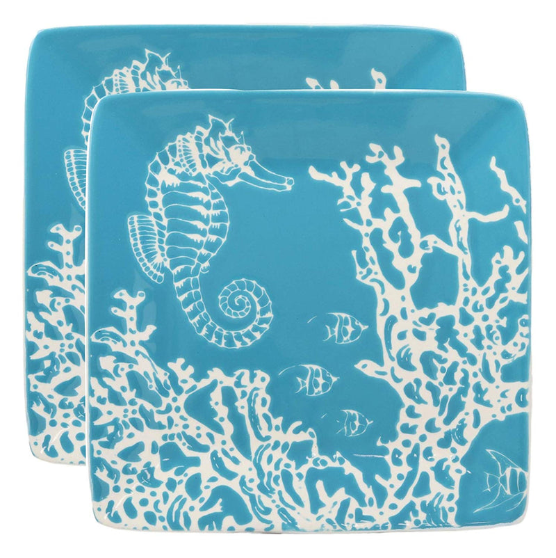 Ebros Nautical Seahorse By Corals Blue Salad Dessert Plate Set of 2 Square 8.5"