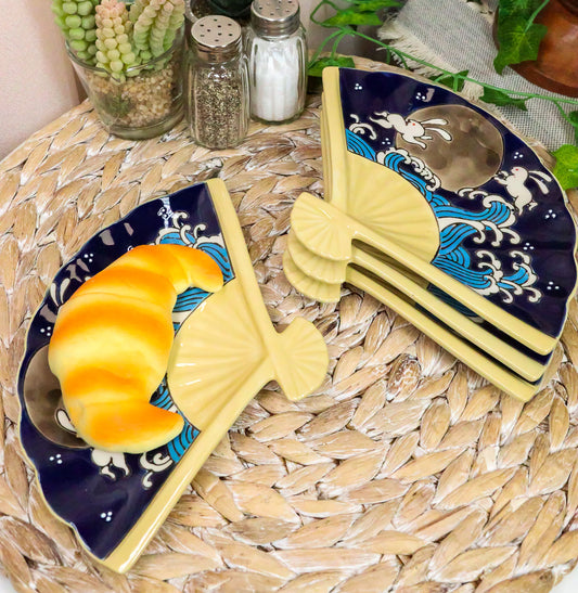 Set Of 4 Rabbits By Ocean Moon Waves Oriental Fan Shaped Appetizer Sushi Plates