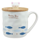 Happy Days Kitty Cat With Fishes Ceramic Coffee Tea Mug Cup With Spoon And Lid