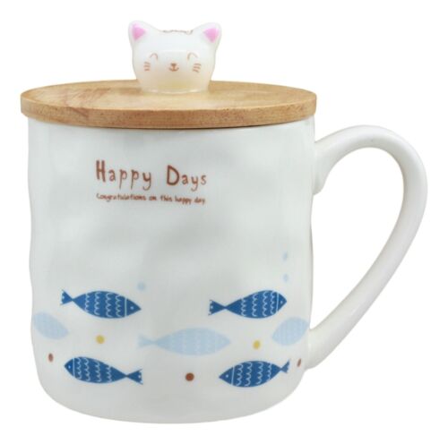 Happy Days Kitty Cat With Fishes Ceramic Coffee Tea Mug Cup With Spoon And Lid