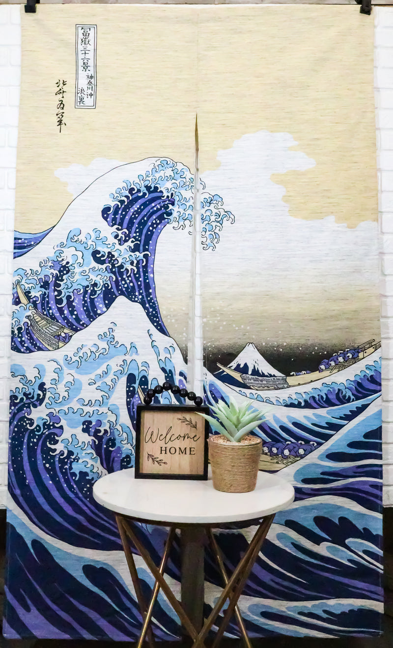 Japanese Noren Curtain Tapestry The Great Wave Off Kanagawa Mount Fuji Beige