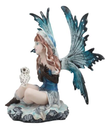 Large 11.5"Tall Blizzard Winter Fairy With White Snow Owl Statue Faerie Garden