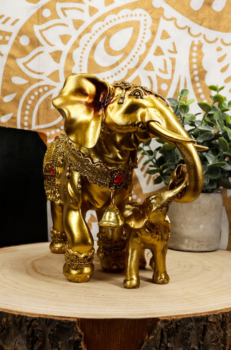 Noble Golden Decorated Elephant Embracing Calf Buddha Figurine Sculpture