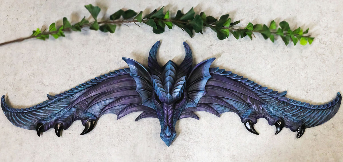 Ebros Large 34.25"Wide Medieval Fantasy Midnight Blue Blood Overwatch Dragon With Open Wings Wall Decor Plaque Entrance Overdoor Pediment Door Hanger Dragons And Dungeons Halloween Wall Art Decorative - Ebros Gift