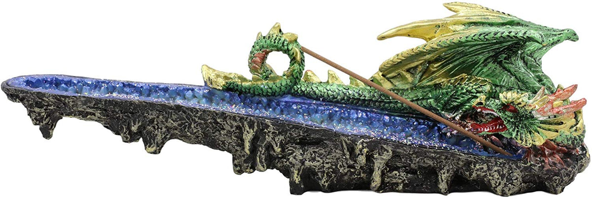 Ebros Green Jade Dragon Guarding Blue Quartz Crystal Quarry River Incense Burner - Ebros Gift
