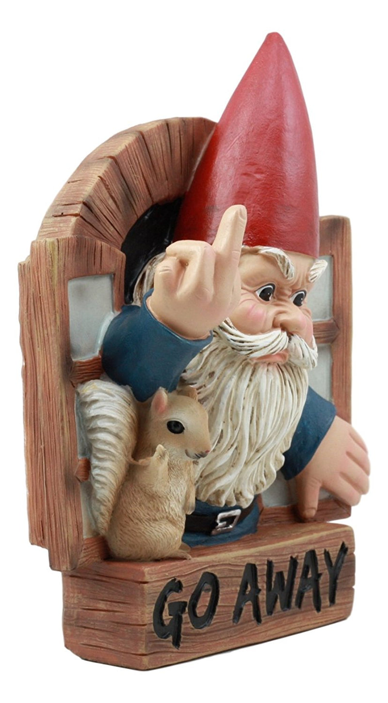 Ebros "Go Away" Gnome & Squirrel At Window Flipping Off Guests Wall Decor 9"H