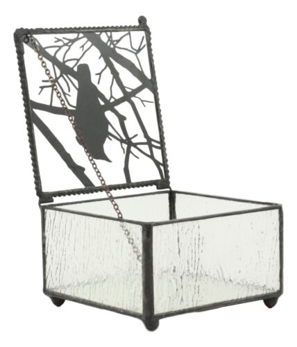 Gothic Silhouette Raven Glass Jewelry Box 4"W Haunted Crow On Tree Branch Box