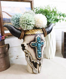 Western Rustic Cow Skull With Turquoise Rocks Cross And Ropes Vase Planter Decor