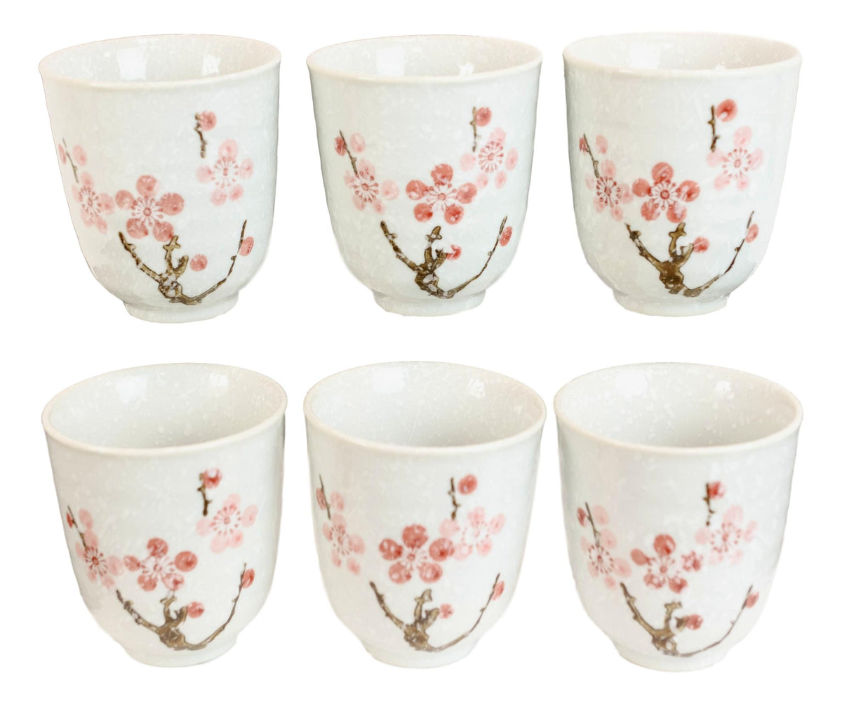 Pack Of 6 Textured Pink Japanese Sakura Cherry Blossoms Ceramic Tea Cups Teacups